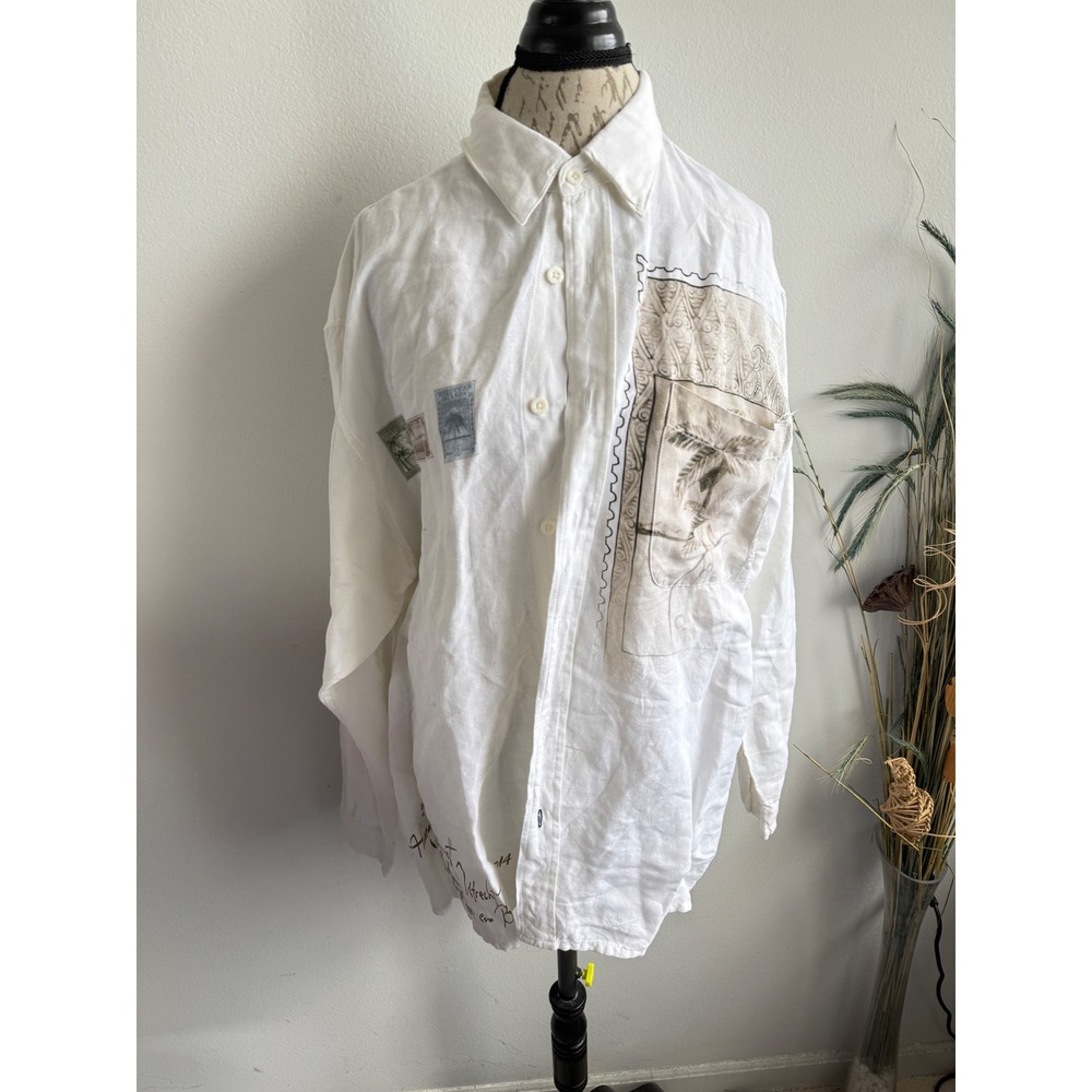 Indigo Palms Mens Large Linen Blend White Tropical Stamp Button‎ Down Shirt - Picture 2 of 7